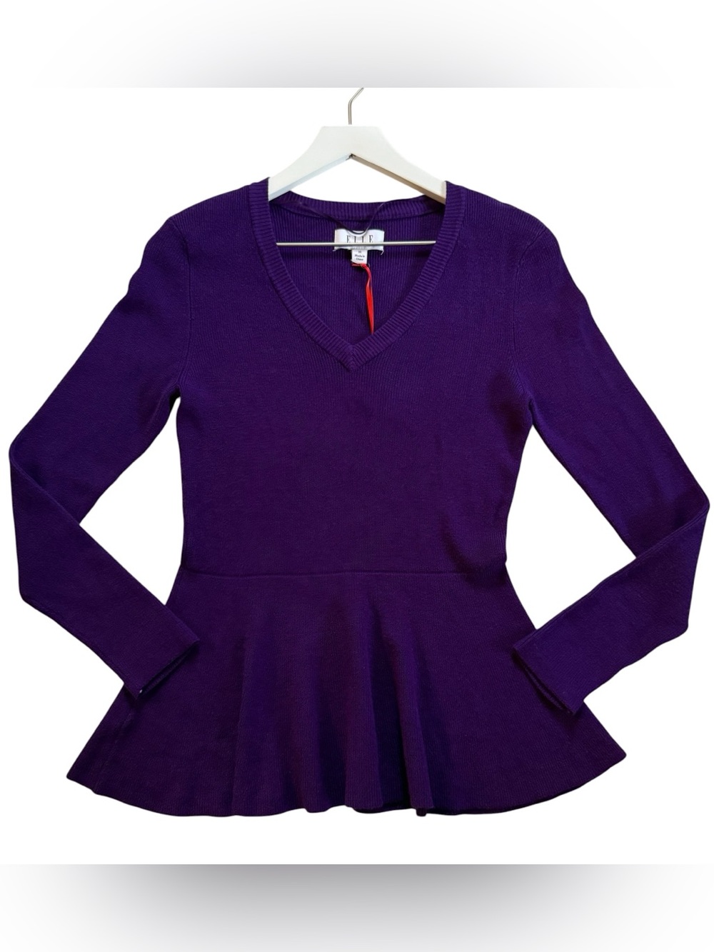 NWT ELLE Women's Violet V-Neck Peplum Long Sleeve Sweater Size Medium